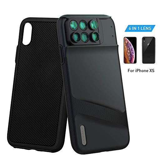 MOMAX Lens Case Apple iPhone Xs/X: 6 in 1 Dual Optics Lens Kit (180°Fisheye, 2X Telephoto,120° Wide-Angle, 10X/20X Macro), Two Layers Double Protection (iPhone Xs Black)