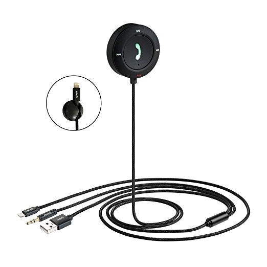 Toptrend Bluetooth car kit 4.2, hand-free wireless phone call and seamless Bluetooth receiver with lightning charge cable, 3.5mm stereo Aux cable input, Mic built-in, noise reduction.