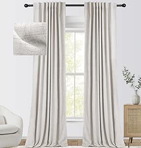 INOVADAY 100% Blackout Curtains for Bedroom 96 Inches Long 2 Panels Set, Back Tab/Rod Pocket Faux Linen Blackout Curtains, Thermal Insulated Darkening Drapes for Living Room, 52''W x 96''L, Beige