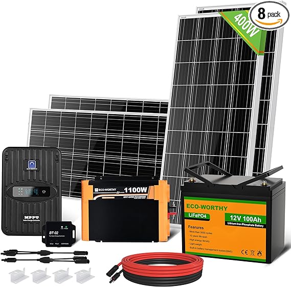 ECO-WORTHY 1.6KWH Complete Solar Panel Kit 400W 12V for RV Off Grid: 400W Solar Panels   40A MPPT Charge Controller  12V 100Ah Lithium Battery   1100W Solar Power Inverter   Bluetooth Module…