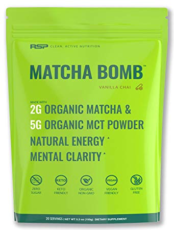 RSP Matcha Bomb - Organic Matcha Green Tea Powder with MCTs for Natural Energy and Clarity, Non-GMO, Keto Friendly, Vegan Friendly, Gluten Free, Vanilla Chai (20 Servings)