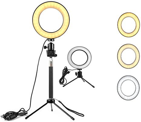 KEYUTE 6" Selfie Ring Light,Desktop Dimmable Camera LED Ring Light with Adjustable Tripod Stand and Bluetooth Remote for Makeup YouTube Video Photography (6inch Ring Light(Without Bluetooth), Black)