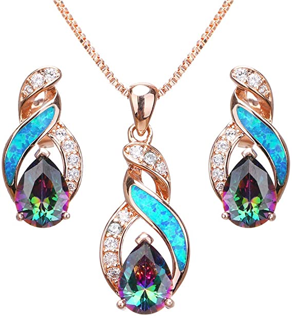 Hermosa Jewelry Sets Australian Created-Opal Necklace Earrings Mother's Day Gifts