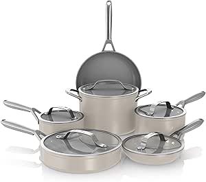 Ninja NeverStick Ceramic Pro 11-Piece Cookware Set, Non-Stick Pots and Pans, Glass Lids, Ceramic Coated, Stainless Steel, Stove to Oven Safe, All Stovetops, Induction Compatible, Stone, CW39011ST