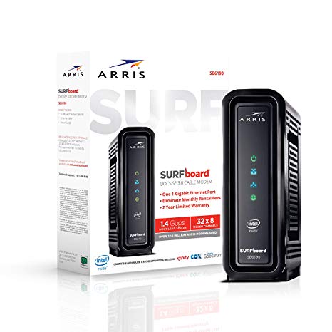 ARRIS Surfboard (32x8) DOCSIS 3.0 Cable Modem, 1.4 Gbps Max Speed, Certified for Comcast Xfinity, Spectrum, Cox, Cablevision & More (SB6190 Black)