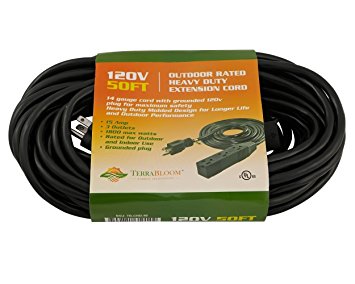 TerraBloom Outdoor Rated Extension Cord. UL Listed, Heavy Duty Grounded Plug, 14 Gauge, 120V Power Cord with 3 Outlets. Extension Wire with Power Strip for Outdoors (50 Ft Long with 3 Outlets)