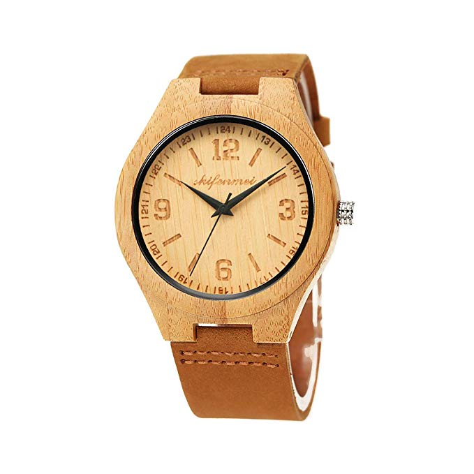 shifenmei S2140 Natural Bamboo Wooden Watches Super Lightweight Leather Casual Wood Wrist Watches Unisex with Gift Box