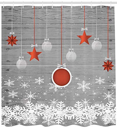 Ambesonne Red Holiday Star Ornaments and Snowflake & Gray Christmas Fabric Shower Curtain by