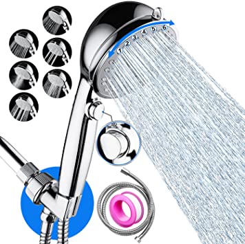 Nosame® Shower Head and Hose,6 Mode Function Spray Handheld Showerheads with On Off Switch,1.5M Shower Hose Set,Water Saving Pressure Boosting - Chrome