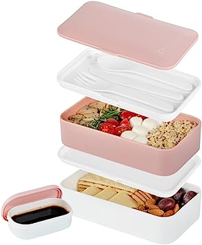 Restaurantware Bento Tek 41 oz Pink & White Buddha Box All-in-One Lunch Box - with Utensils, Sauce Cup - 7 1/4" x 4 1/4" x 4" - 1 count box