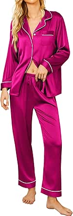 Ekouaer Silk Satin Pajamas Women's Long Sleeve Sleepwear Soft Button Down Pj Set 2 Piece Loungewear S-XXL