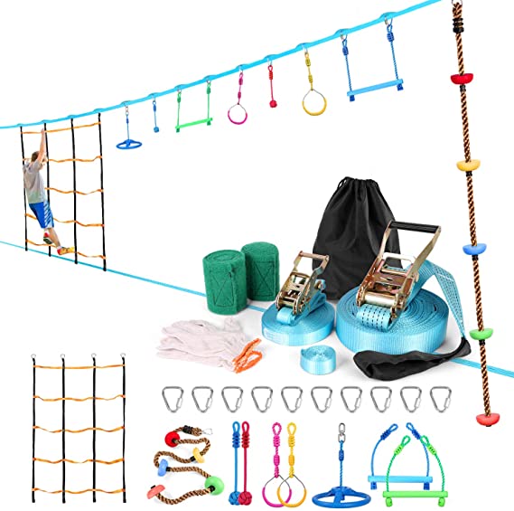 Odoland 50ft Slackline Ninja Monkey Line Bar Kit for Obstacle Course Setting, Colorful Slackline Kit with Arm Trainer Line, Tree Protectors, Instruction Booklet, Carry Bag and Work Gloves for Backyard