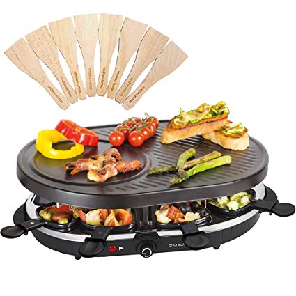 Andrew James Raclette Grill | Traditional 8 Person Party Grill with 8 Colour Coded Pans & Wooden Spatulas | Adjustable Thermostatic Heat Control | Large Ridged Non-Stick Cooking Surface | 1200W