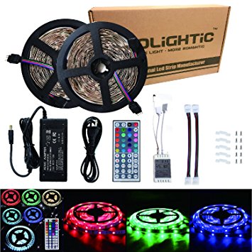 RoLightic Led Strip Lights Kit Non-waterproof SMD 5050 32.8 Ft (10M) 300LEDs RGB Light Strip with 44key IR Controller and 12V 5A Power Supply for Indoor Home (Non-waterproof)