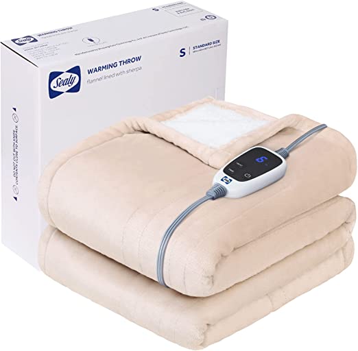Sealy Electric Blanket Heated Throw, Flannel & Sherpa Heating Throw with 6 Heat Settings & 2-10 Hour Auto Shut Off, Fast Heat & ETL Certification - 50x60 Inch, Beige