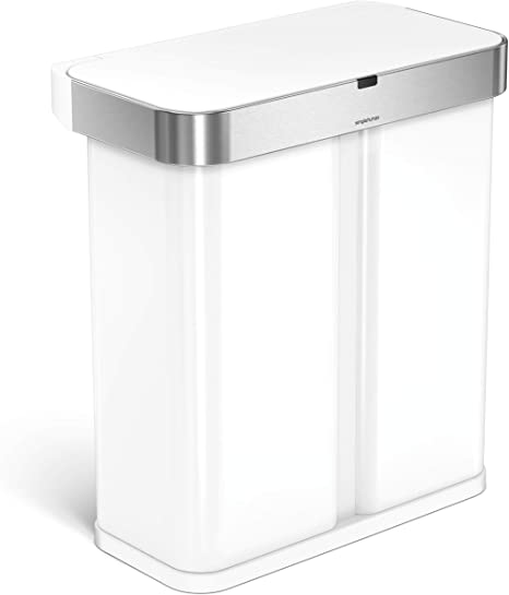 simplehuman 58 Liter / 15.3 Gallon Touch-Free Dual Compartment Rectangular Kitchen Trash Can Recycler, Voice and Motion Sensor Activated, White Stainless Steel