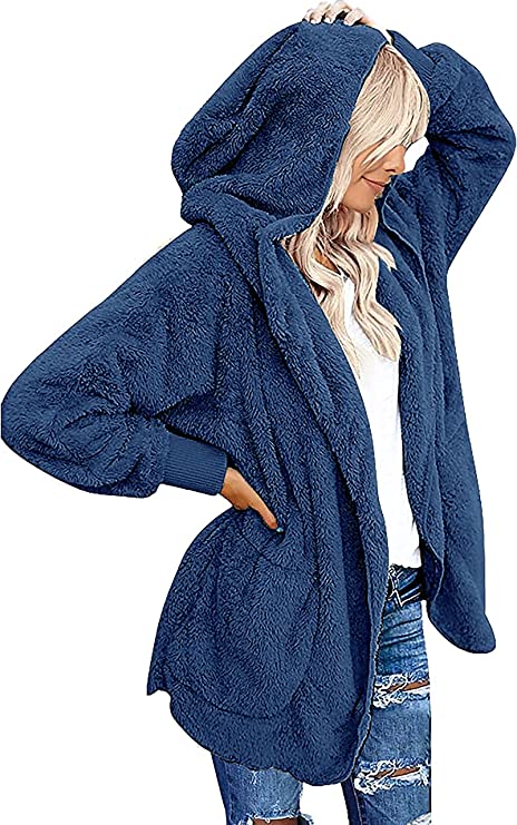 Womens Fuzzy Jacket Hooded Cardigan Open Front Sherpa Coat Outwear with Pockets