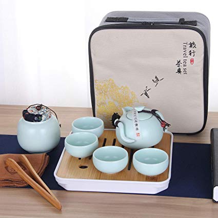 VanEnjoy Kung Fu Tea set Chinese Tea Set Chinese Japanese Style Traditional Ceramic Gifts with Travel Bags (green set)
