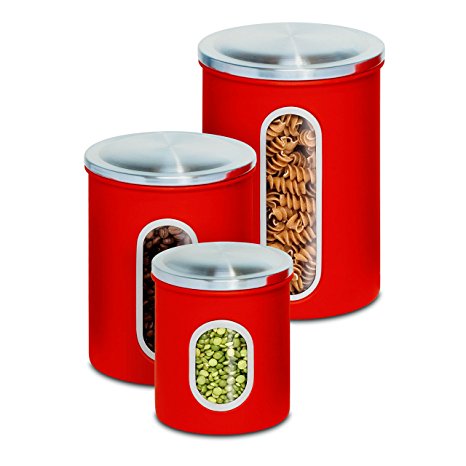 Honey-Can-Do KCH-03011 3-Piece Metal Nested Canister Set, Red