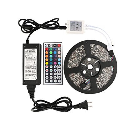 WenTop Led Strip Lights Kit Non-waterproof SMD 5050 16.4 Ft (5M) 300leds RGB 60leds/m Led Tape Lighting with 44key Remote Controller and DC 12v Power Supply for TV,Ceiling Fixture,PC, Kitchen Lighting