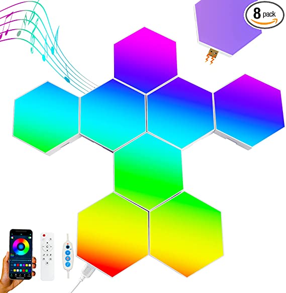 Hexagon Lights RGB Wall Plate, Built-in Microphone Intelligent Aesthetic Patchwork Lights with Remote and App Control,DIY Music Creative Geometric Combination of Hexagonal Lights (8 Pack)