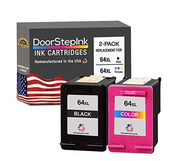 DoorStepInk Remanufactured in The USA Ink Cartridge Replacements for HP 64 XL Black 64XL Color High Yield Ink Cartridge 2 Pack N9J92AN N9J91AN for Envy Photo 6255 7155 7855 Printer