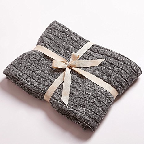 NTBAY 100% Cotton Cable Knit Throw Blanket Super Soft Warm Multi Color(51”x 67”, Grey and White)