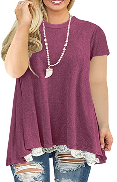 VOGRACE Plus-Size Summer Tops for Women Lace T Shirts Flowy A-Line Tunics