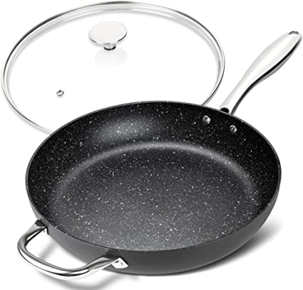 MICHELANGELO Frying Pan with Lid 30cm, Hard Anodized Non Stick Frying Pans 30cm, Induction Frying Pan 30cm, Granite Frying Pan with Lid with Stainless Steel Handle, Frying Pan for Induction Hob