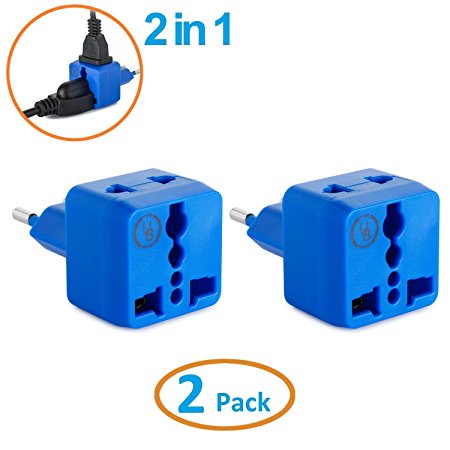 European Plug Adapter by Yubi Power 2 in 1 Universal Travel Adapter with 2 Universal Outlets - 2 Pack - Blue - Type C for Europe, France, Germany, Russia, Spain & more..