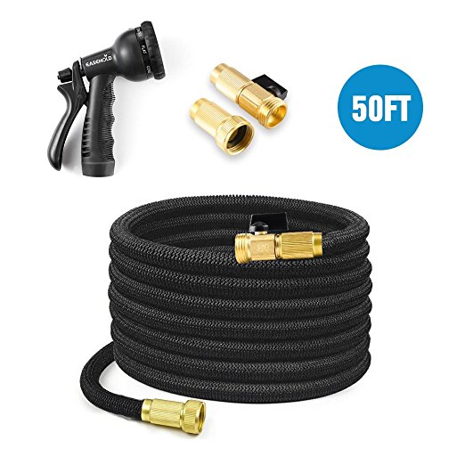 Easehold Expandable Garden Hose Double Layer Latex Strength Textile with Solid Brass Fitting Connector 8 Function Sprayer Nozzle (50FT, Black)