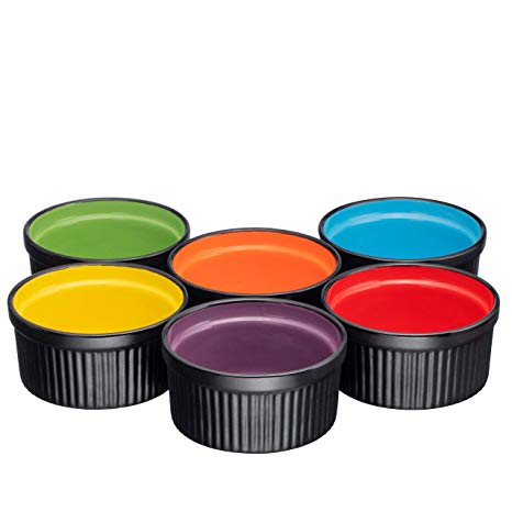 Ceramic Ramekins 8oz. Set of 6 Deep Black w/Multi Colored Interior New Foam Safe Packing (Matte Black)