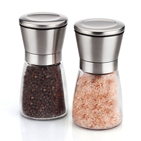 Inlife Salt and Pepper Grinder Set, Premium Pair of Salt & Peppercorn Mills with Ceramic Grinder to Adjustable Coarseness - Brushed Stainless Steel and Glass Body Shakers