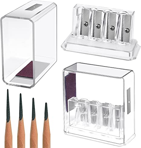 2 Pieces Carpenter Pencil Sharpener Long Point Manual Pencil Sharpener with Plastic Lid 4 Holes Handheld Pencil Sharpener for Sketching, Charcoal, Colored Pencils (Transparent)