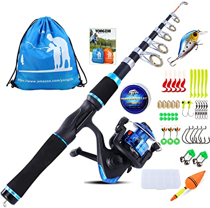YONGZHI Kids Fishing Pole with Spinning Reels,Telescopic Fishing Rod,Shoulder Pocket,Manual,Full Kits Tackle Box for Travel Freshwater Bass Trout Fishing