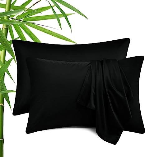 CozyLux Cooling Pillowcases Bamboo-Rayon Pillow Cases Set of 2 Queen Size Oeko-Tex Pillow Case Soft Silky Pillow Covers Moisture Wicking Envelope Closure Black 20"x30"