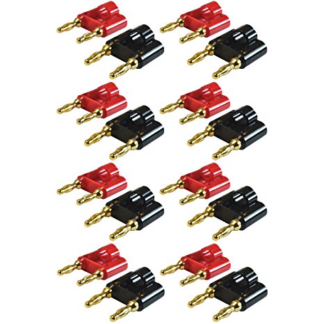 GLS Audio Gold Banana Plug Speaker Connectors Dual Tip Banana Plugs Banana Clips - NOTE: .75" Tip to Tip (3/4") - 16 Pack (8 Red & 8 Black).