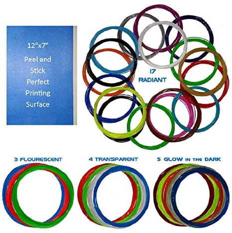 29 different 3D filament colors. Why settle on twelve? Is your creativity limited by colors? You get 5 Glow in Dark 3) Fluorescent 4) Transparent & 17) Radiant colors. ABS 1.75. Bonus print surface.