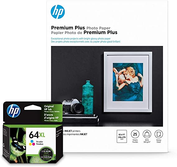 HP 64XL Tri-Color Inks   HP Premium Plus Photo Paper, Glossy, 25 Sheets, 8.5x11