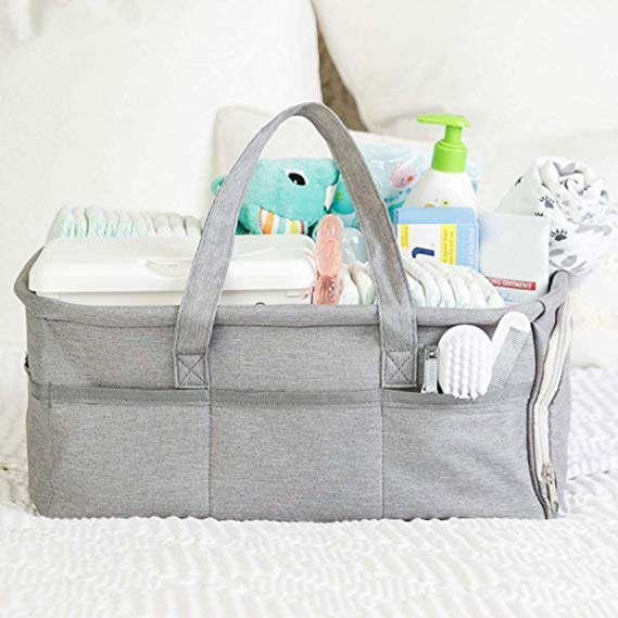 Baby Diaper Caddy Organizer by Kids N Such - Zipper Pocket - Large 15x12x7 Portable Diaper Holder Basket for Nursery or Car - 3 Insert Compartments - Grey Canvas Tote - Boy or Girl - Baby Shower Gift