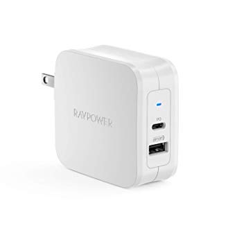 USB C Power Delivery Charger, RAVPower 61W Type C PD 3.0 Power Adapter, 2 Port USB Wall Charger, Compatible with MacBook Pro Air, Dell XPS, iPad Pro 2018, Nintendo Switch, iPhone and More - White