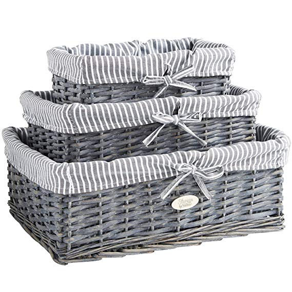 VonHaus Set of 3 Natural Wicker Storage Baskets | Display Hamper for Bathroom, Living Room, Kitchen, Lounge or Under Stairs | Decorative Shelf Gift Box w/Removable, Washable, Striped Lining