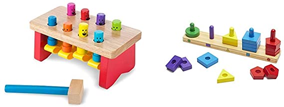 Melissa & Doug Deluxe Pounding Bench - The Original (Best for 2, 3, and 4 Year Olds) & Stack and Sort Board (Wooden Educational Toy with 15 Solid Wood Pieces, Best for 2, 3, and 4 Year Olds)