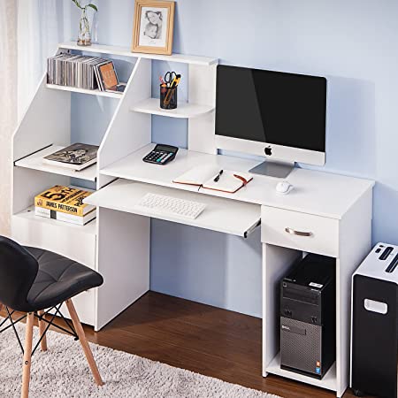 Multi-Functions Computer Desk with Storage Draws，Office Desk with Bookshelves & Reversible File Cabinet， Study Writing Desk with Host Storage & Pull-Out Keyboard Tray (White)