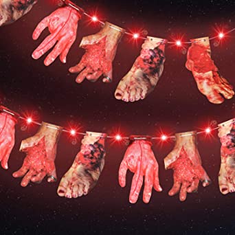 Halloween Red LED Lights with Bloody Hands and Feet Hanging Banner Cards Decor 9.8 Ft 30 LED Red Lights 2 Modes Battery Halloween Lights for Halloween Party Decoration