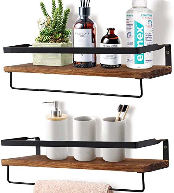 OurWarm Rustic Floating Shelves Wall Mounted Set of 2, Wood Wall Shelf for Bathroom, Living Room, Bedroom, Kitchen, Farmhouse Storage Shelves with 8 Removable Hooks and 2 Towel Bar