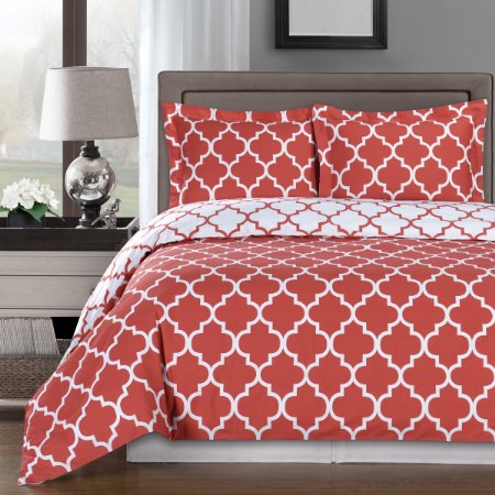 Deluxe Reversible Meridian Duvet Cover Set, 100% Egyptian Cotton 300 Thread Count Bedding, woven with superior single-ply yarn.3 piece Full / Queen Size Duvet Cover Set, Coral and White