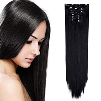 Onedor 24" Straight Synthetic Clip in Hair Extensions. 7 individual pieces for multiple styles.140g (1B-off Black)