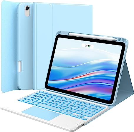 GreenLaw iPad Air 5th/4th Gen (2022/2020) Case with Keyboard, 7-Color Backlit, Stain Resistant, Waterproof Cover, Smart Touchpad, 2 Bluetooth Channels Keyboard for iPad Air 10.9 inch, Light Sky Blue