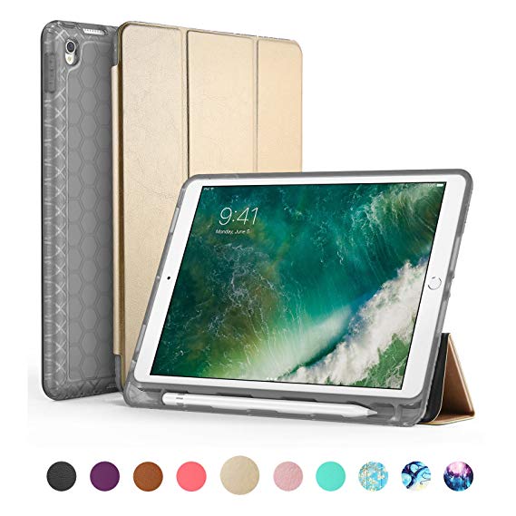 SWEES Compatible for iPad Pro 10.5 Case, Slim Full Body Protective Smart Cover Leather Case Rugged Shockproof with Stand Built-in Apple Pencil Holder Compatible iPad Pro 10.5 inch, Gold